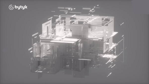 Digital twin of a Bytyk home, rotating to reveal internal structure, services, and finishes.